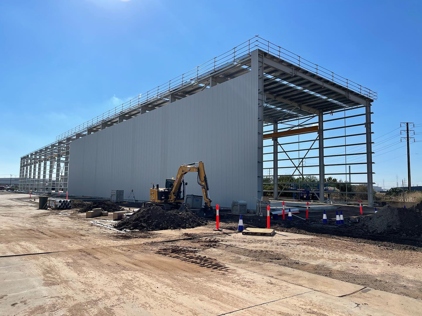 Construction site with steel building framework.